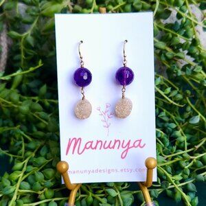Amethyst Druzy Drop Earrings - Semi-Precious Amethyst & Druzy